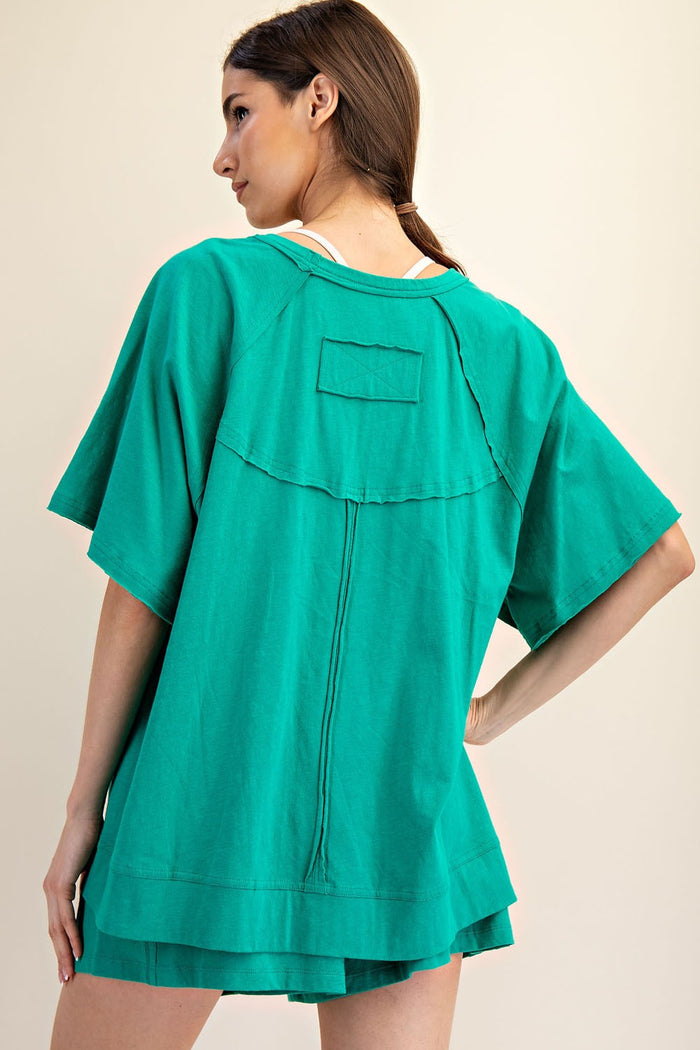 Green Oversized Raw Hem Short Sleeve Tee