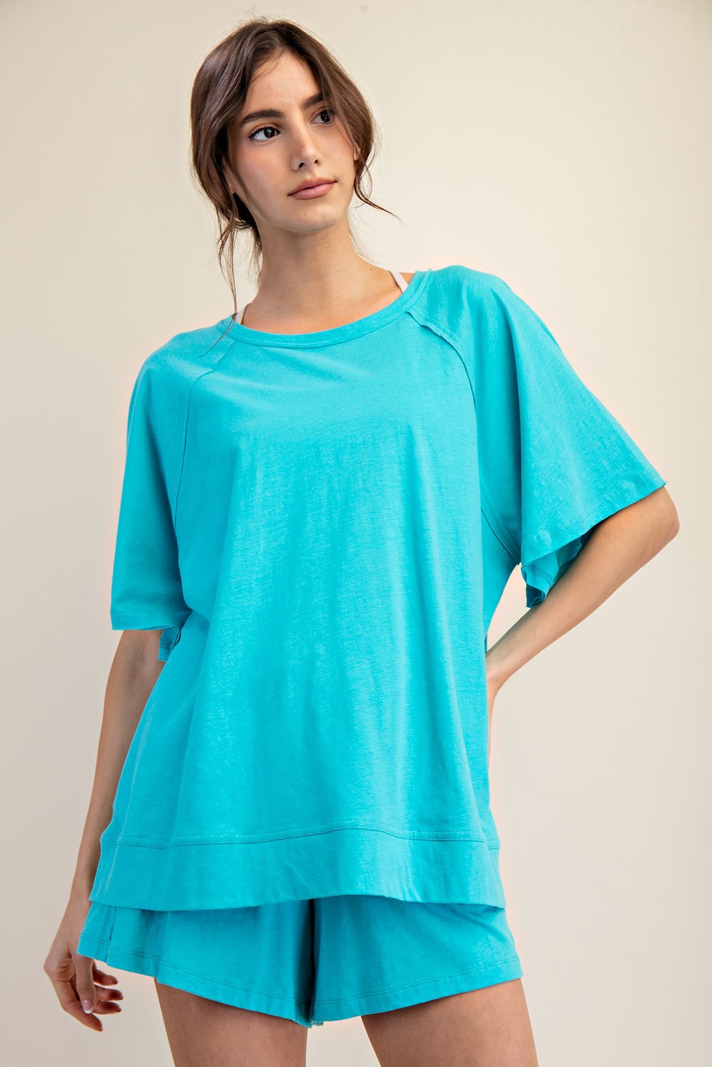 Turquoise Oversized Raw Hem Short Sleeve Tee