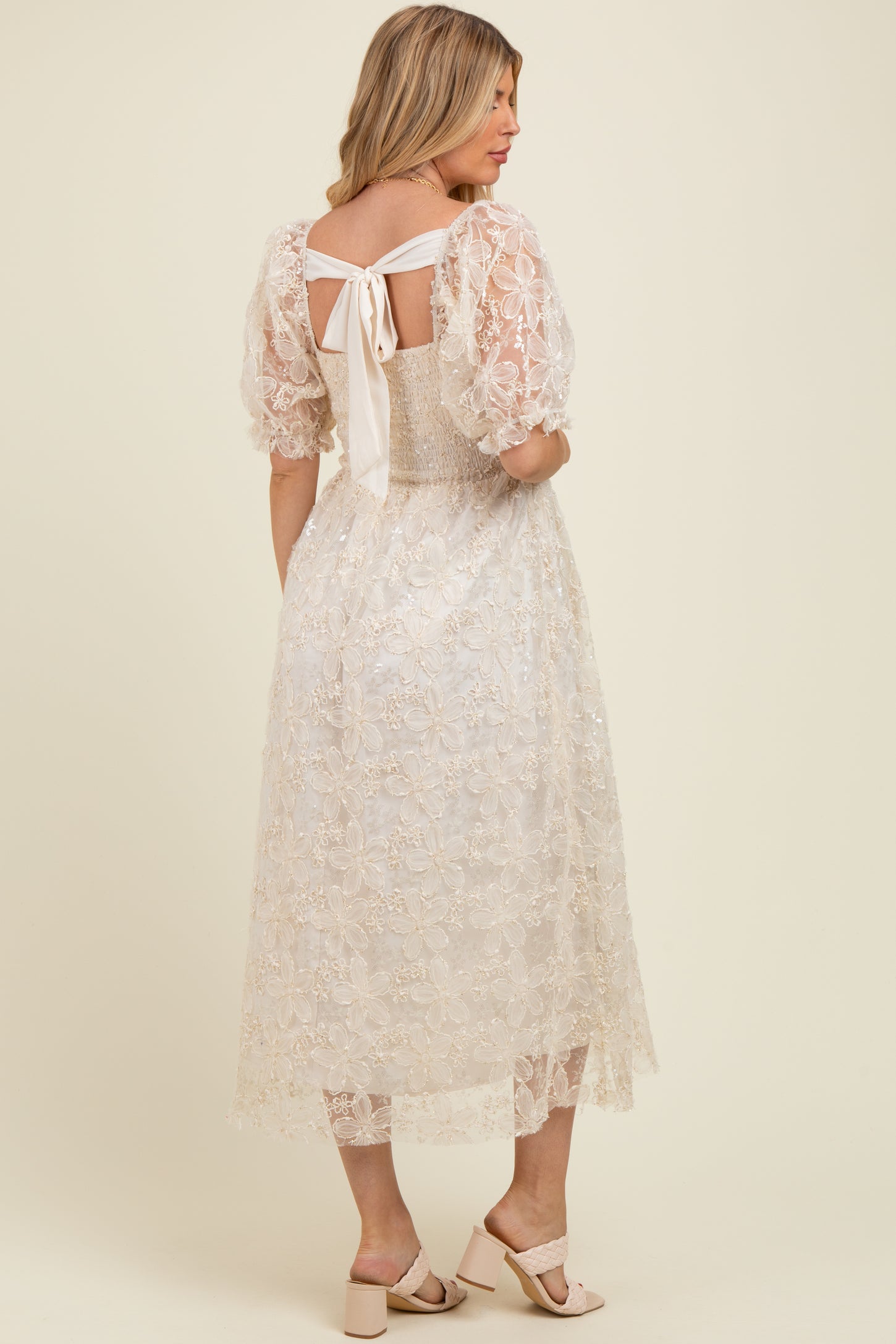 Cream Floral Mesh Overlay Tie Back Maternity Midi Dress