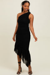 Black Ruched Mesh One Shoulder Asymmetric Dress