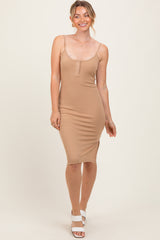 Camel Ribbed Button Midi Dress