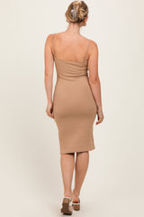 Camel Ribbed Button Midi Dress