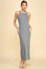 Charcoal Ribbed Fitted Side Slit Midi Dress