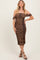 Brown Animal Print Off Shoulder Ruched Mesh Midi Dress