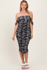 Black Floral Mesh Ruched Off Shoulder Dress