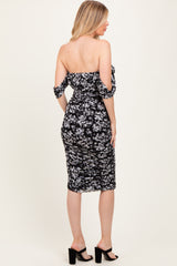 Black Floral Mesh Ruched Off Shoulder Maternity Dress