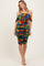 Black Tropical Mesh Ruched Off Shoulder Dress