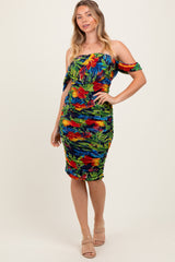 Black Tropical Mesh Ruched Off Shoulder Dress