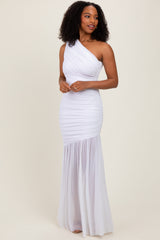 White Ruched Mesh One Shoulder Maxi Dress