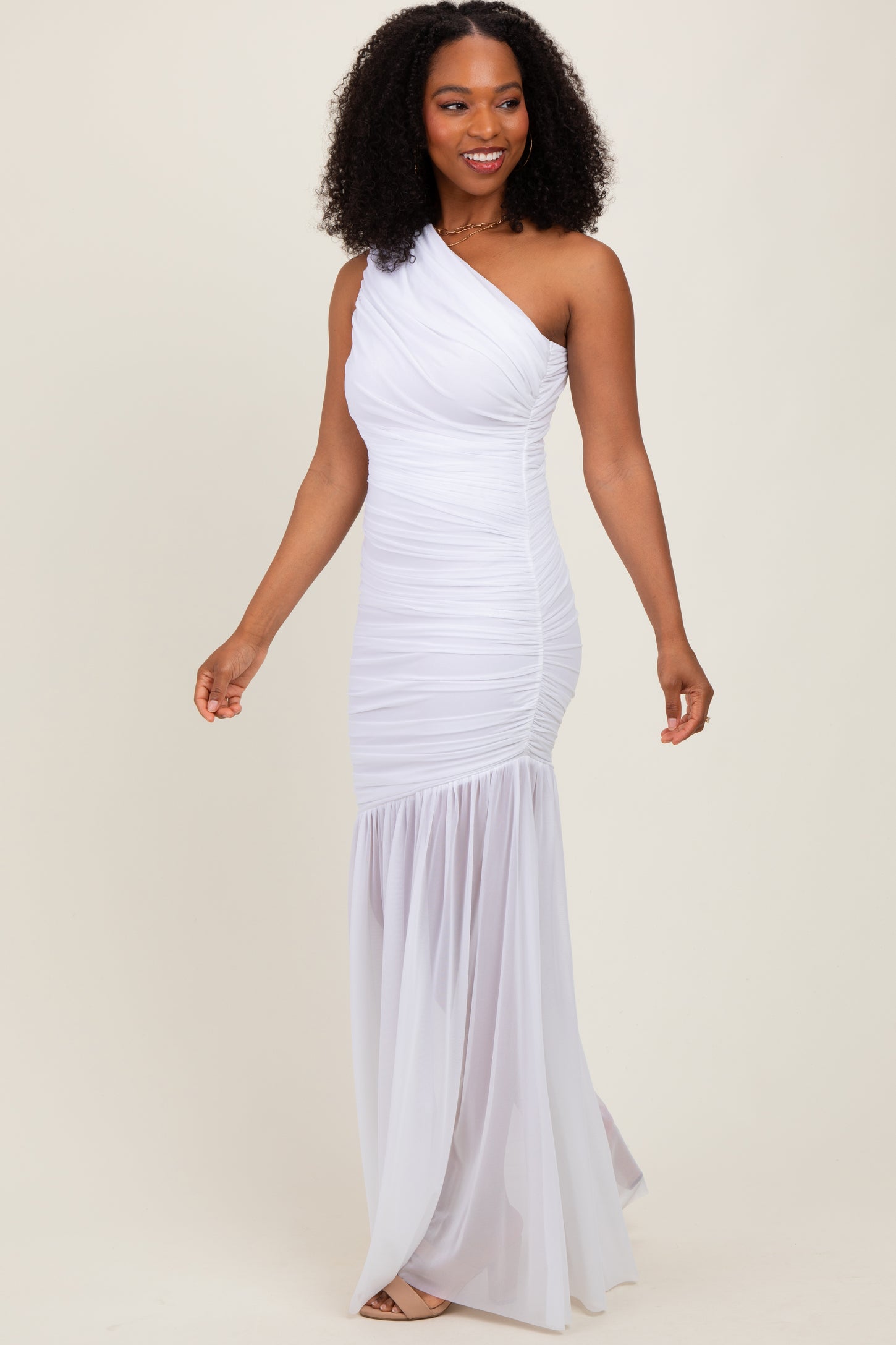 White Ruched Mesh One Shoulder Maxi Dress