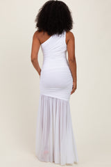 White Ruched Mesh One Shoulder Maxi Dress