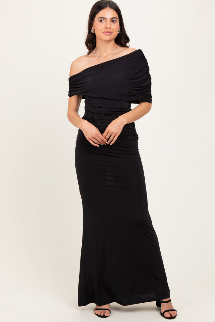 Black Off Shoulder Foldover Ruched Maternity Maxi Dress