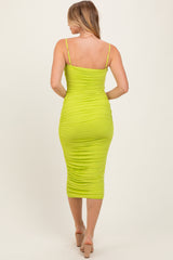 Lime Ruched Mesh Sleeveless Midi Dress