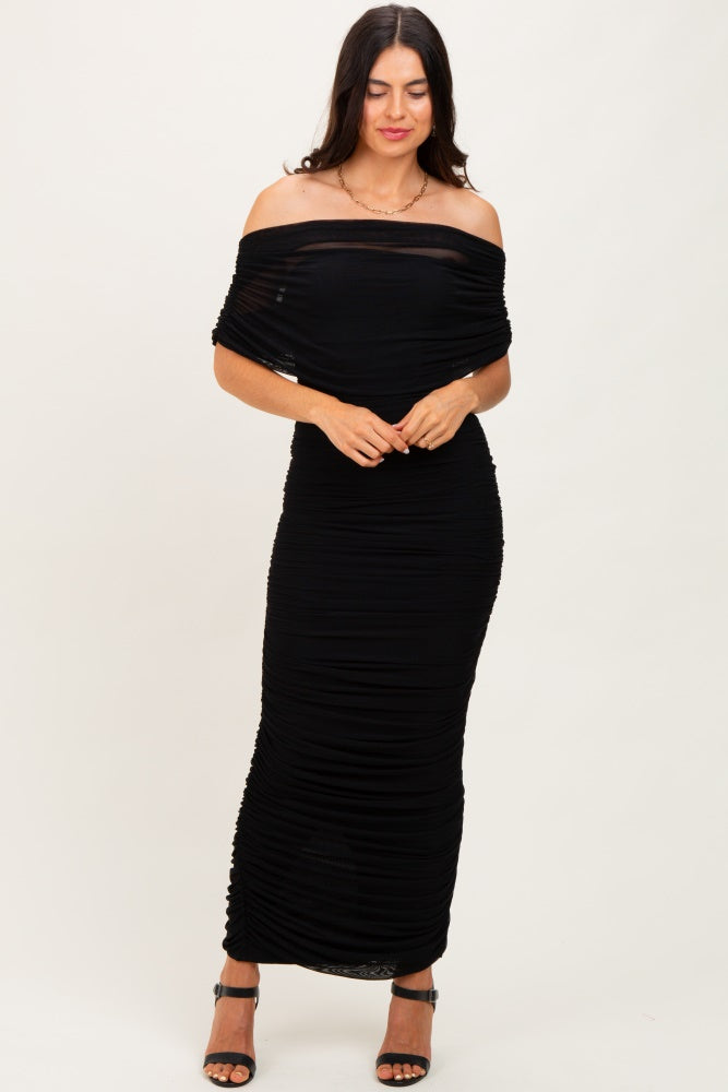 Black Ruched Mesh Foldover Off Shoulder Maxi Dress