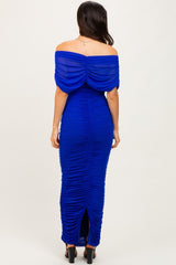 Royal Ruched Mesh Foldover Off Shoulder Maxi Dress