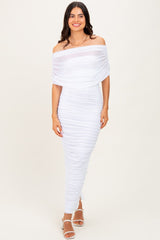 White Ruched Mesh Foldover Off Shoulder Maternity Maxi Dress