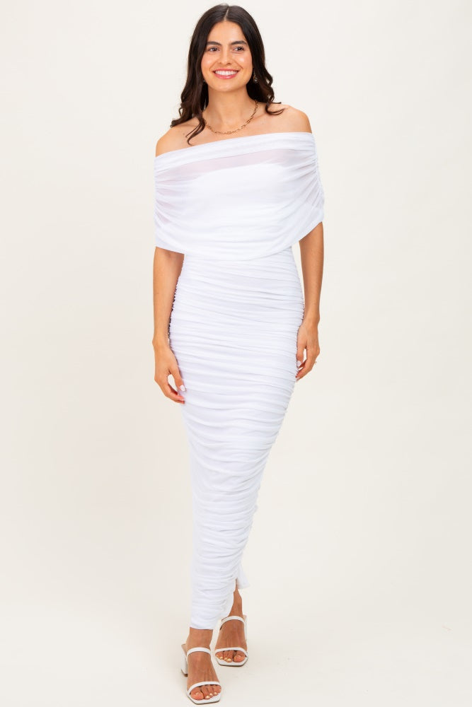 White Ruched Mesh Foldover Off Shoulder Maternity Maxi Dress