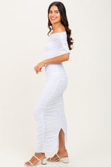 White Ruched Mesh Foldover Off Shoulder Maxi Dress