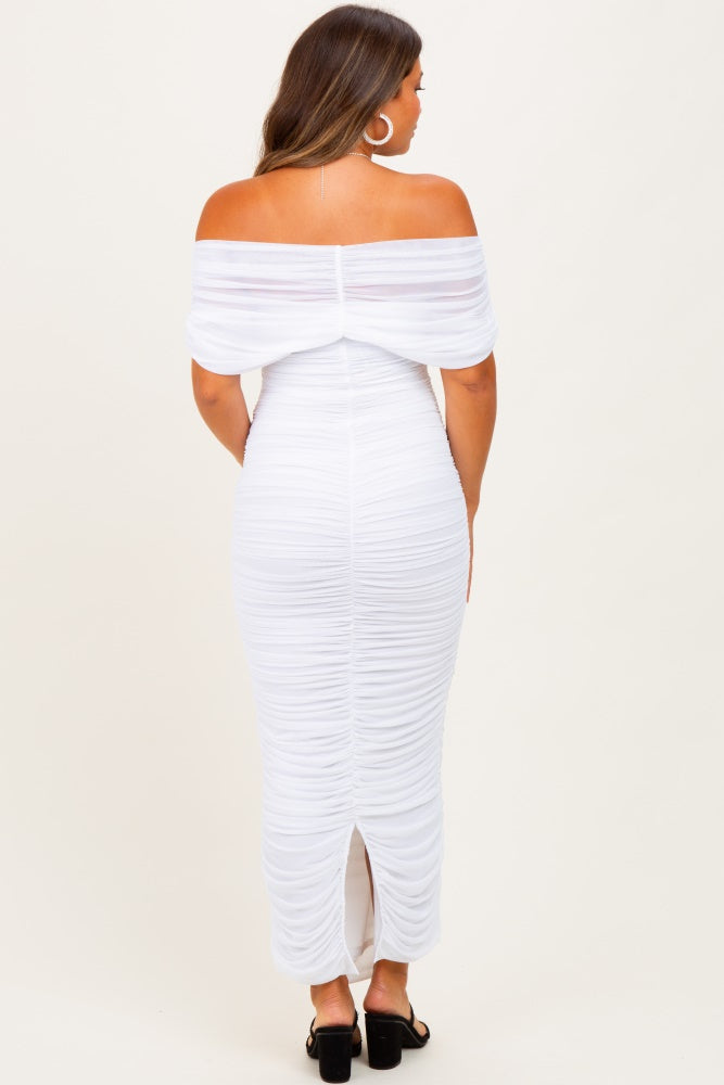White Ruched Mesh Foldover Off Shoulder Maternity Maxi Dress