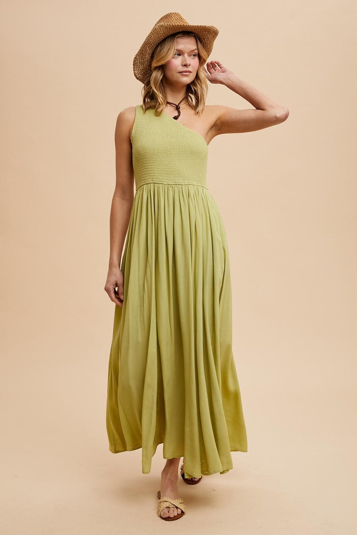 Green Smocked One Shoulder Maxi Dress