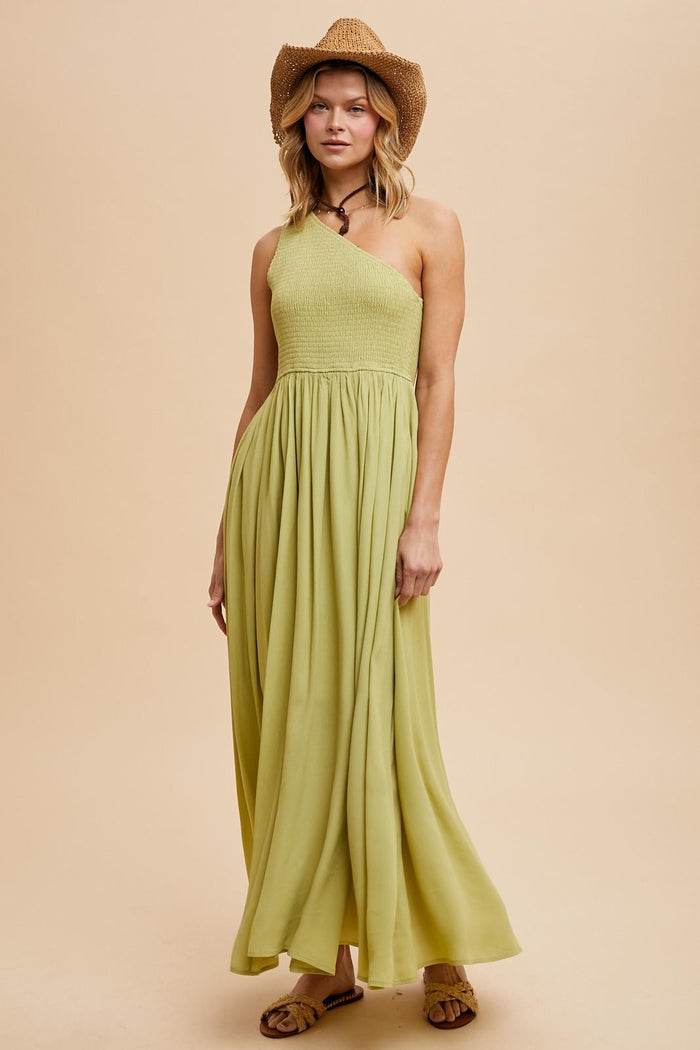 Green Smocked One Shoulder Maxi Dress