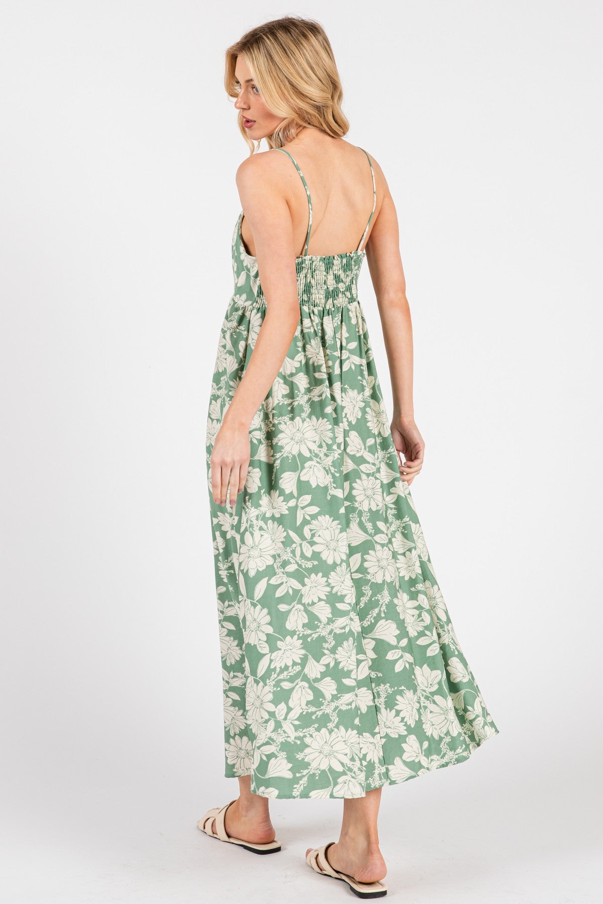 Light Olive Floral Sleeveless Midi Dress