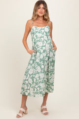 Light Olive Floral Sleeveless Maternity Midi Dress