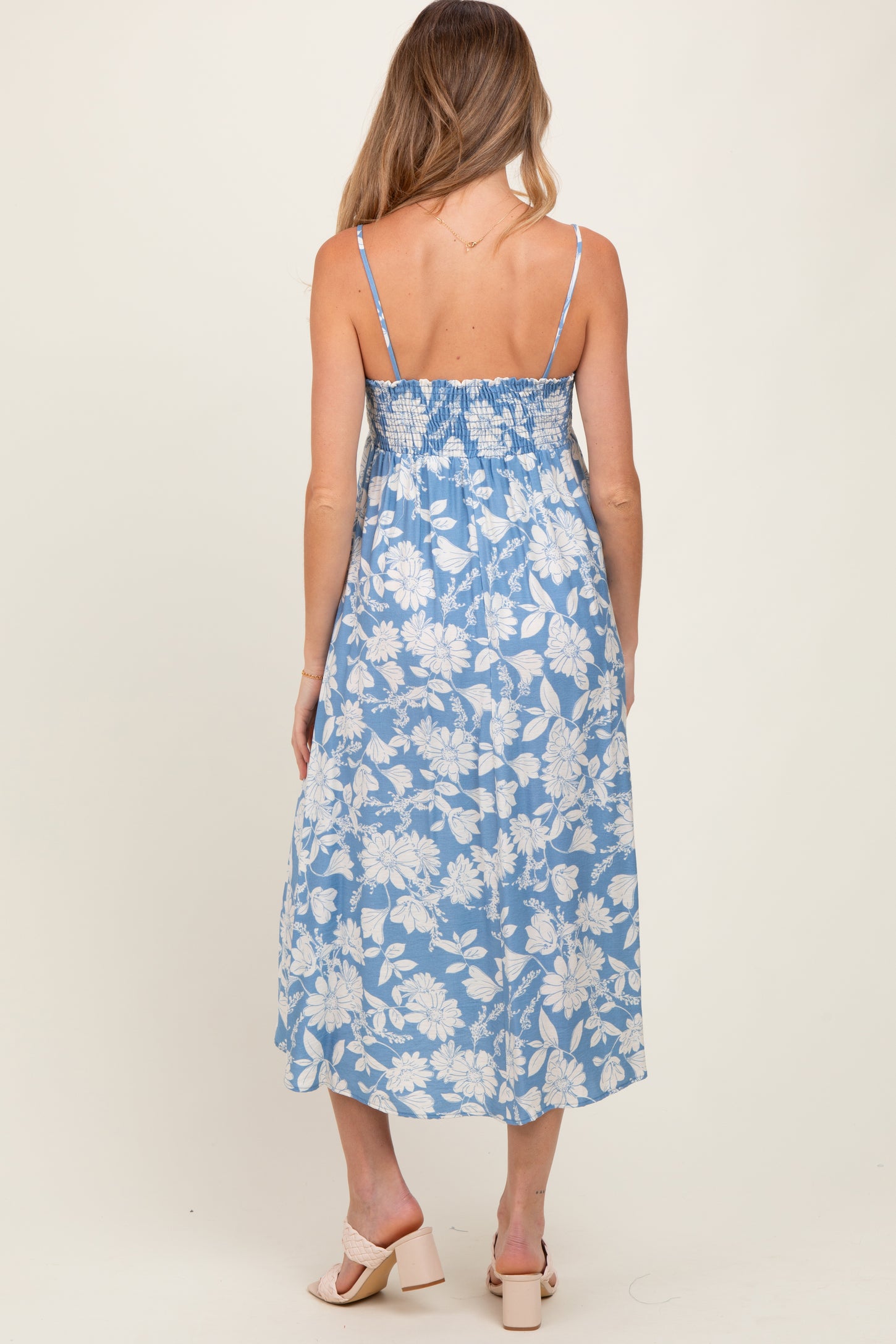Blue Floral Sleeveless Maternity Midi Dress