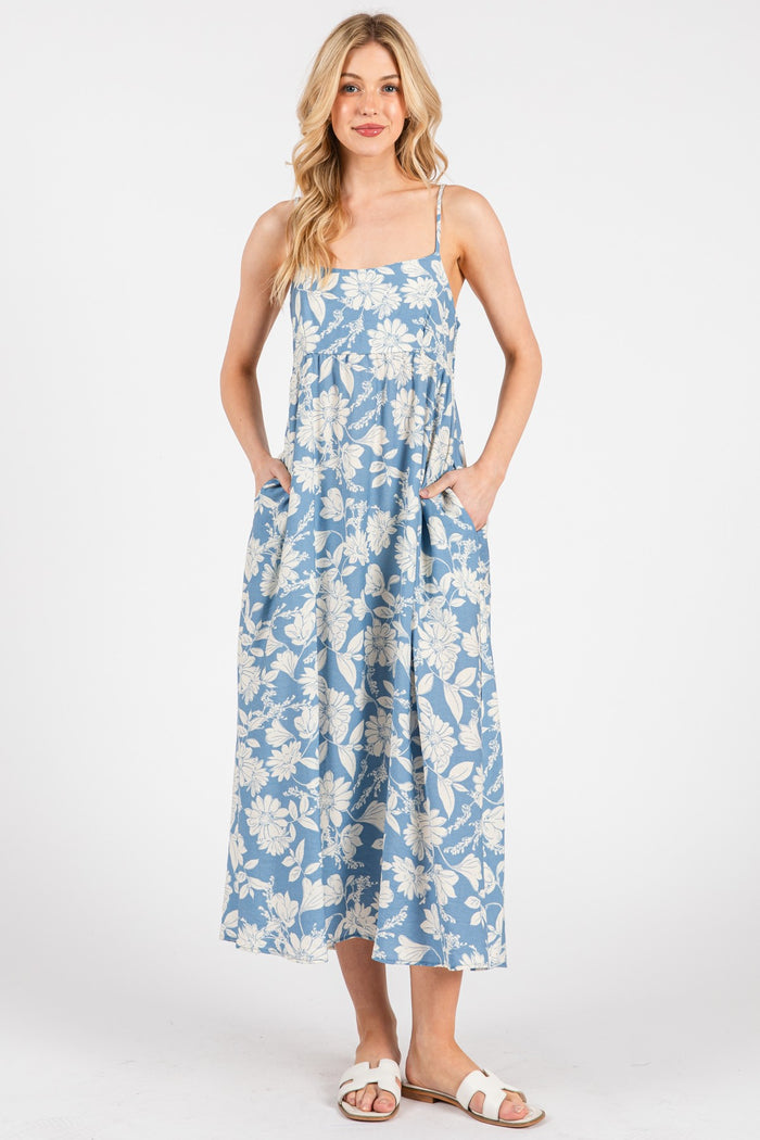 Blue Floral Sleeveless Midi Dress