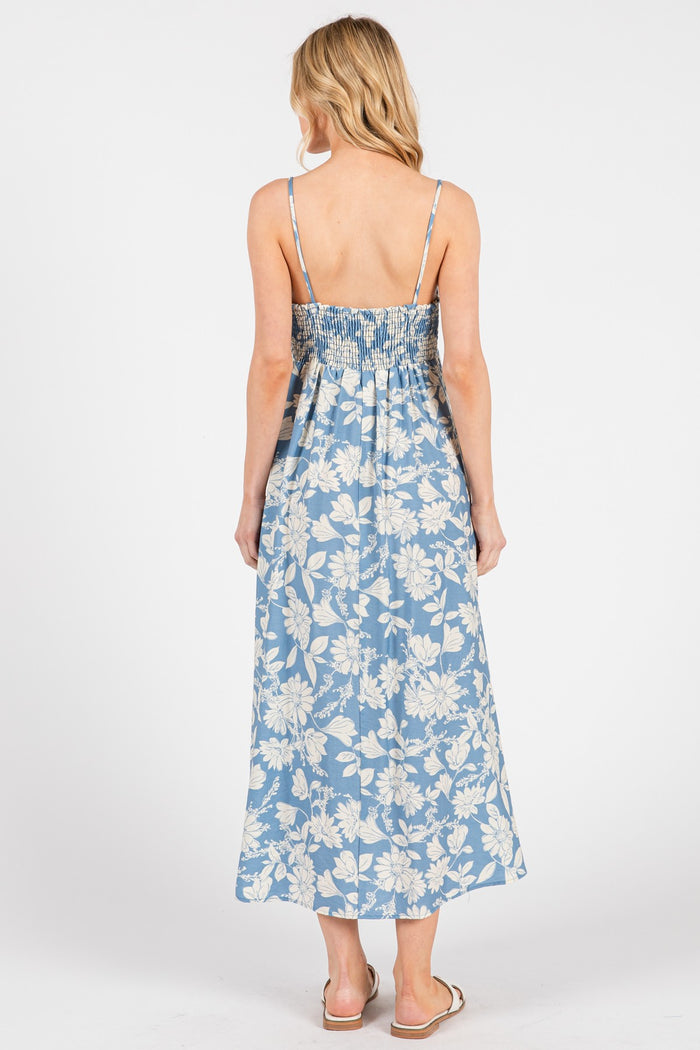 Blue Floral Sleeveless Midi Dress