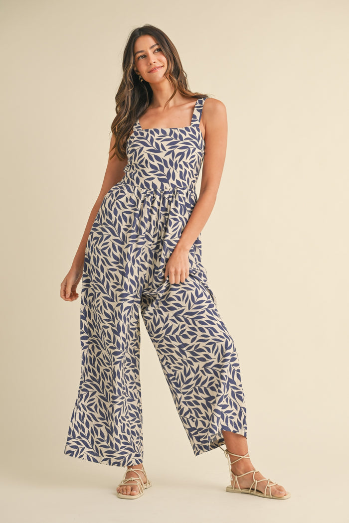 Navy Leaf Print Buckle Strap Wide Leg Jumpsuit