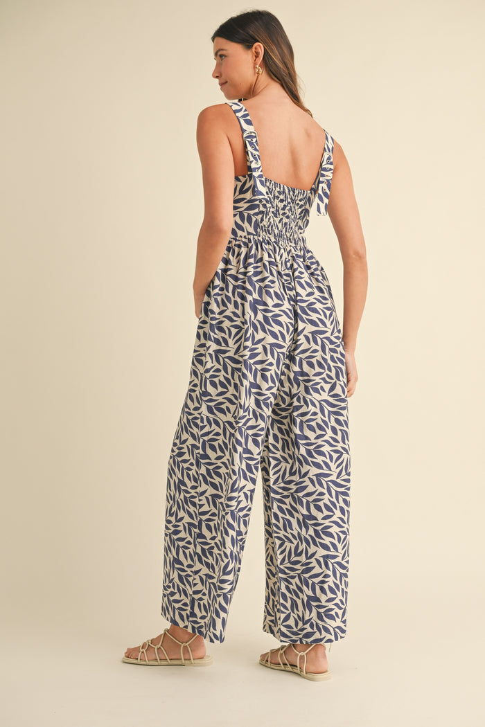 Navy Leaf Print Buckle Strap Wide Leg Jumpsuit