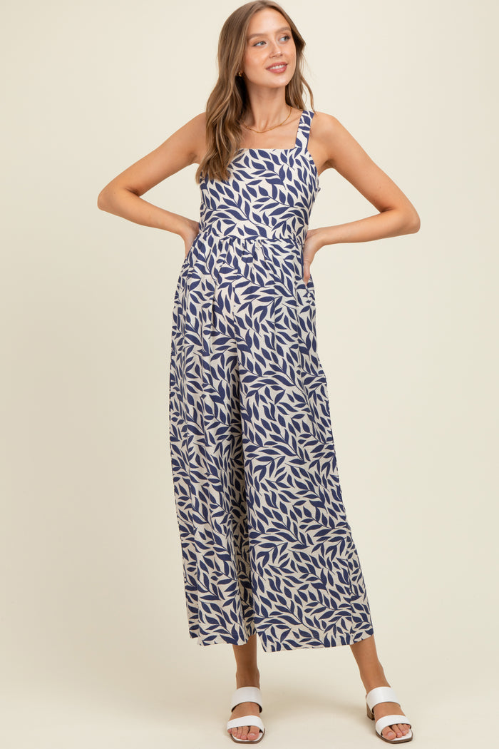 Navy Leaf Print Buckle Strap Wide Leg Maternity Jumpsuit