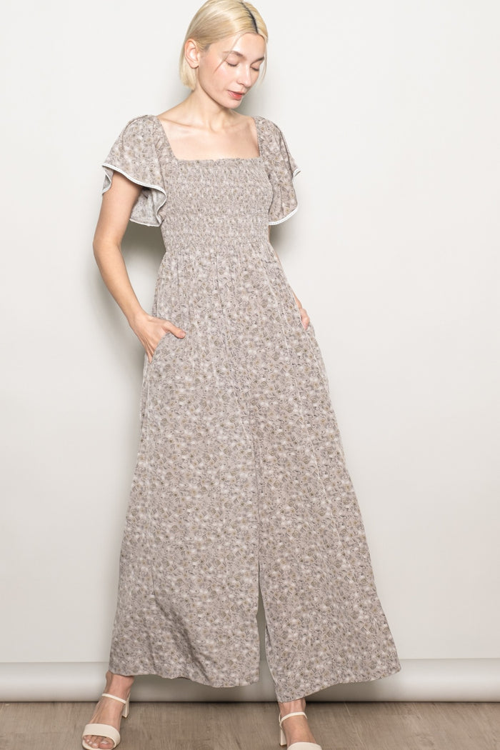 Light Taupe Floral Smocked Lace Trim Wide Leg Maternity Jumpsuit