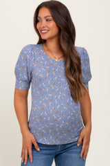 Blue Floral Ribbed Puff Sleeve Maternity Top
