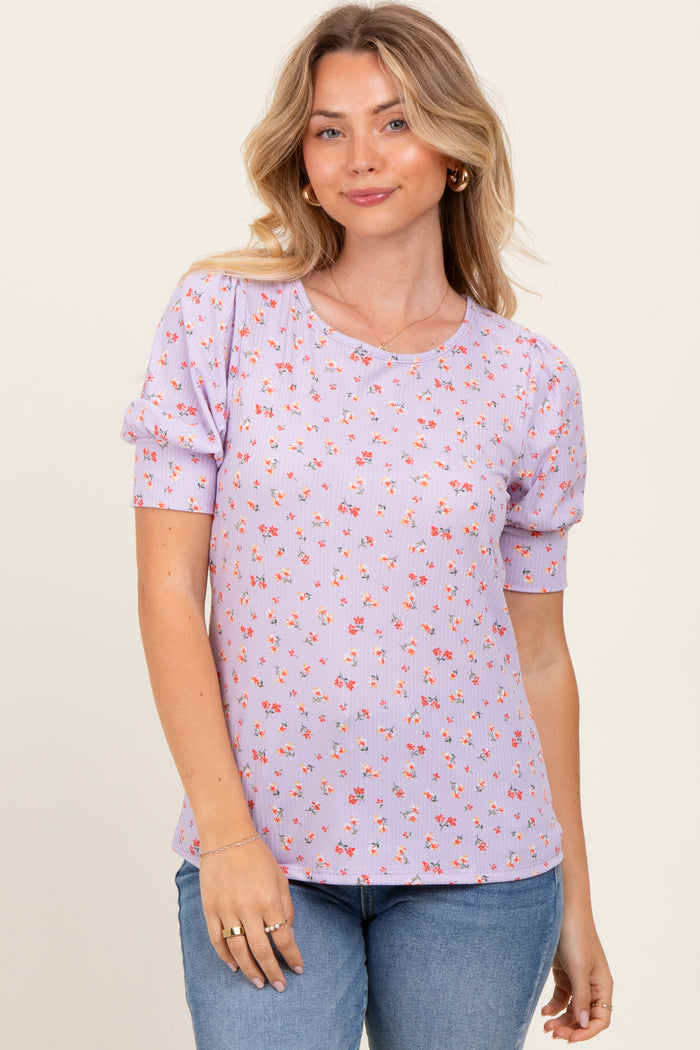Lavender Floral Ribbed Puff Sleeve Maternity Top