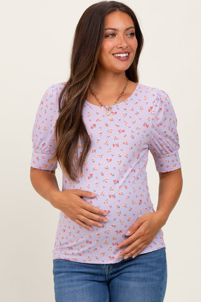 Lavender Floral Ribbed Puff Sleeve Maternity Top