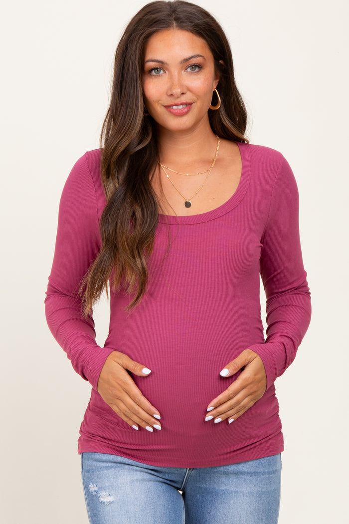 Magenta Ribbed Ruched Maternity Long Sleeve Top