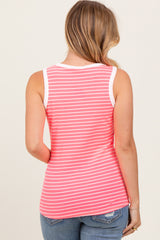 Pink Striped Ribbed Button Front Tank Top
