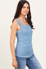 Blue Ribbed Contrast Stitch Tank Top
