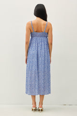 Blue Printed Sleeveless Midi Dress