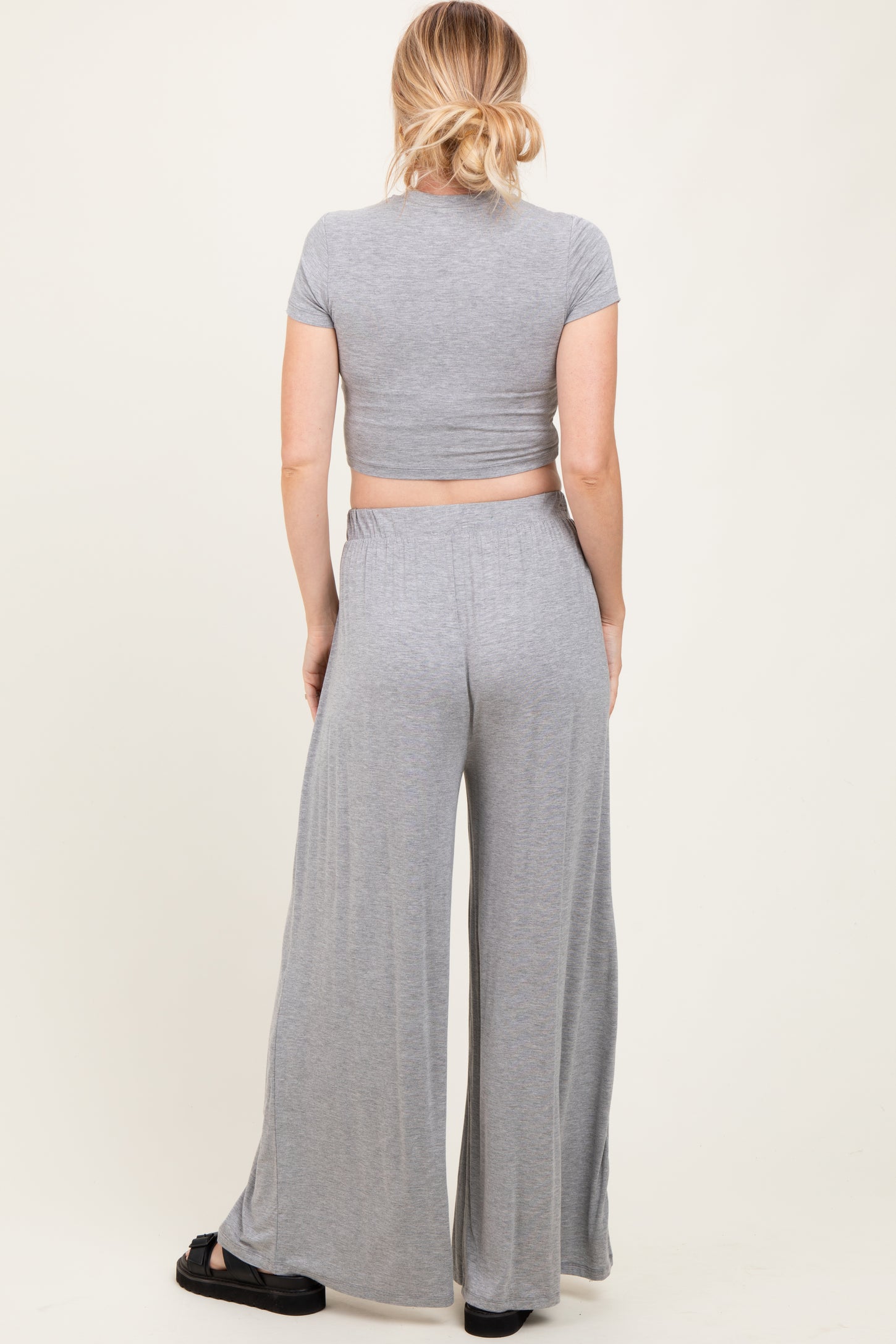 Heather Grey Cropped Short Sleeve Wide Leg Pants Maternity Set