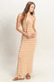 Camel Striped Knit Strapless Side Slit Maxi Dress