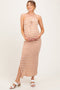 Camel Striped Knit Strapless Side Slit Maternity Maxi Dress