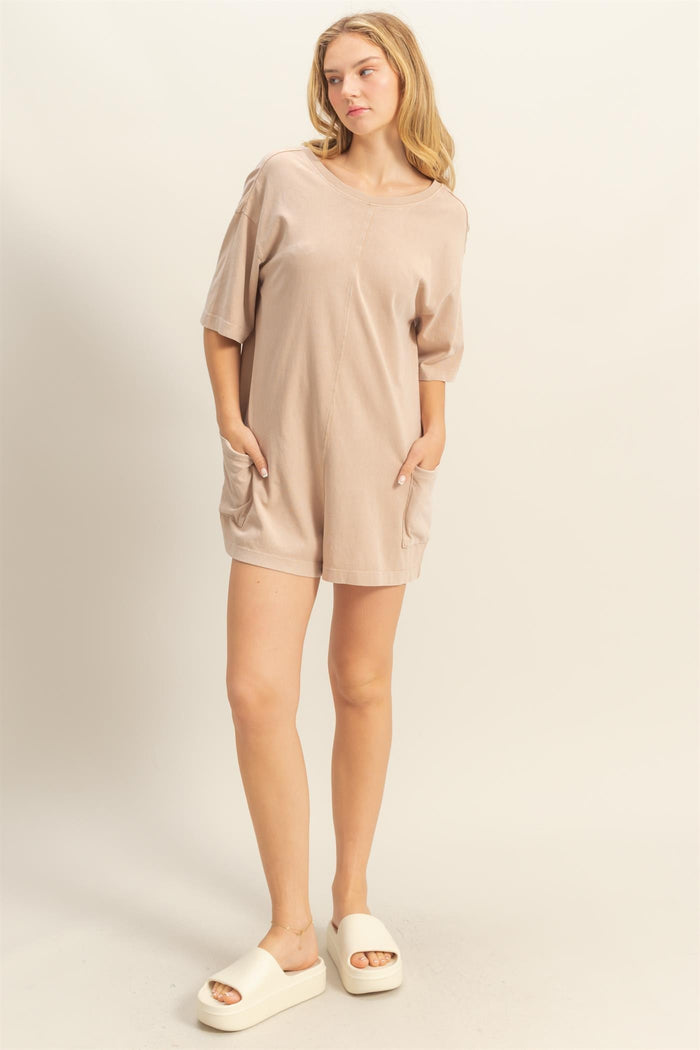 Beige V Back Short Sleeve Pocketed Maternity Romper