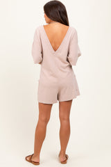 Beige V Back Short Sleeve Pocketed Maternity Romper