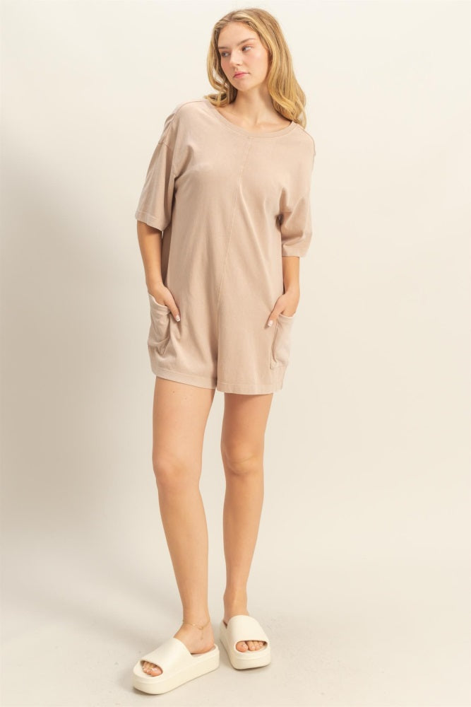 Beige V Back Short Sleeve Pocketed Romper