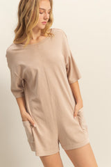 Beige V Back Short Sleeve Pocketed Romper