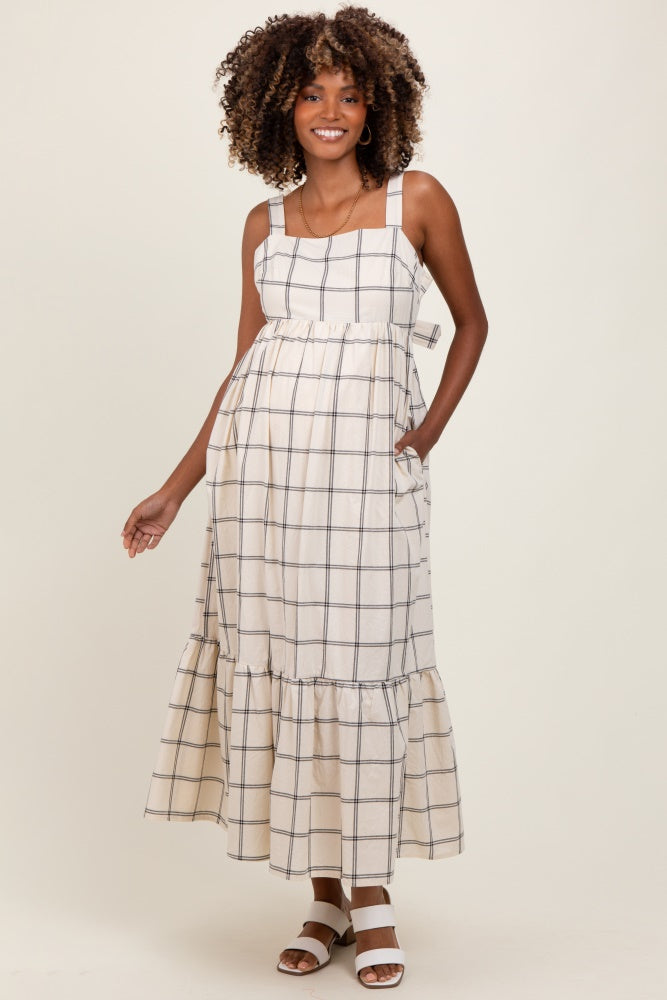 Cream Plaid Cutout Tie Back Maternity Maxi Dress