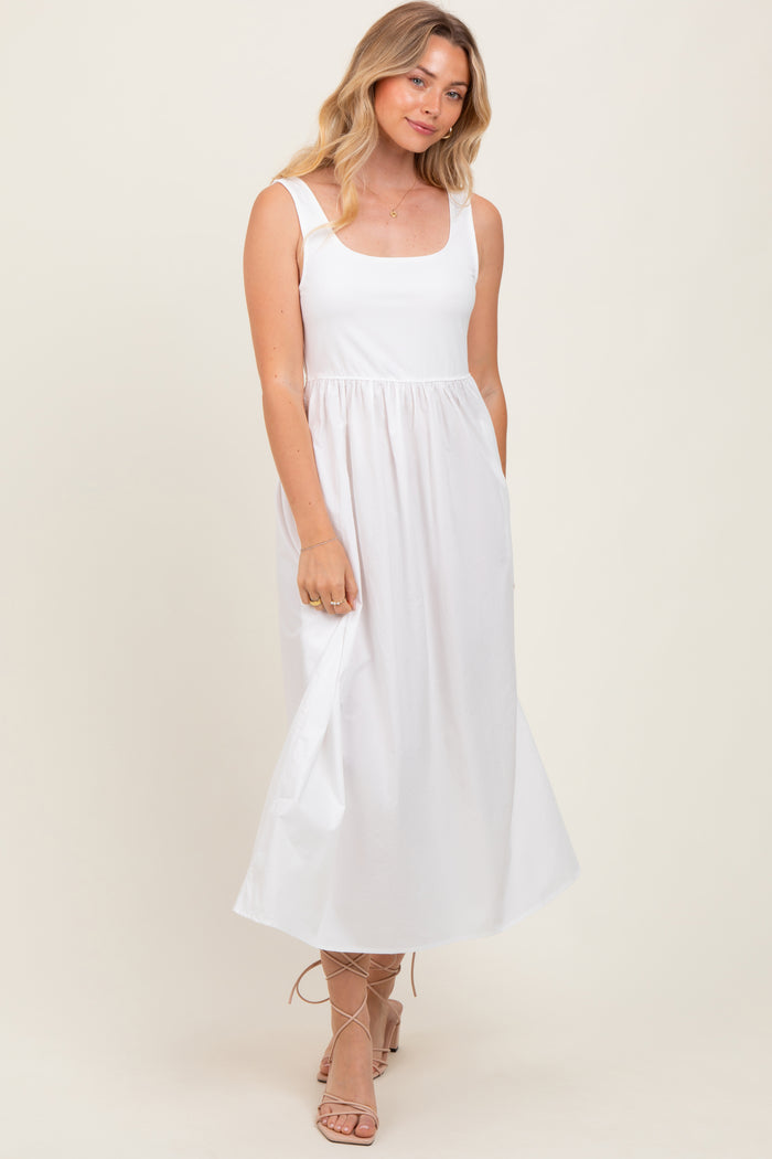 White Contrast Sleeveless Square Neck Midi Dress